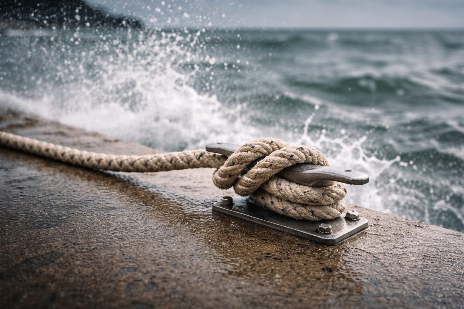 Mooring rope and sea spray detail